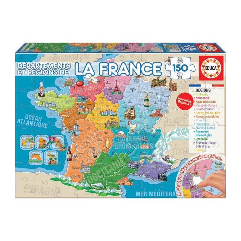 Puzzle Enfant Educa Departments and Regions of France 150 Pièces Carte