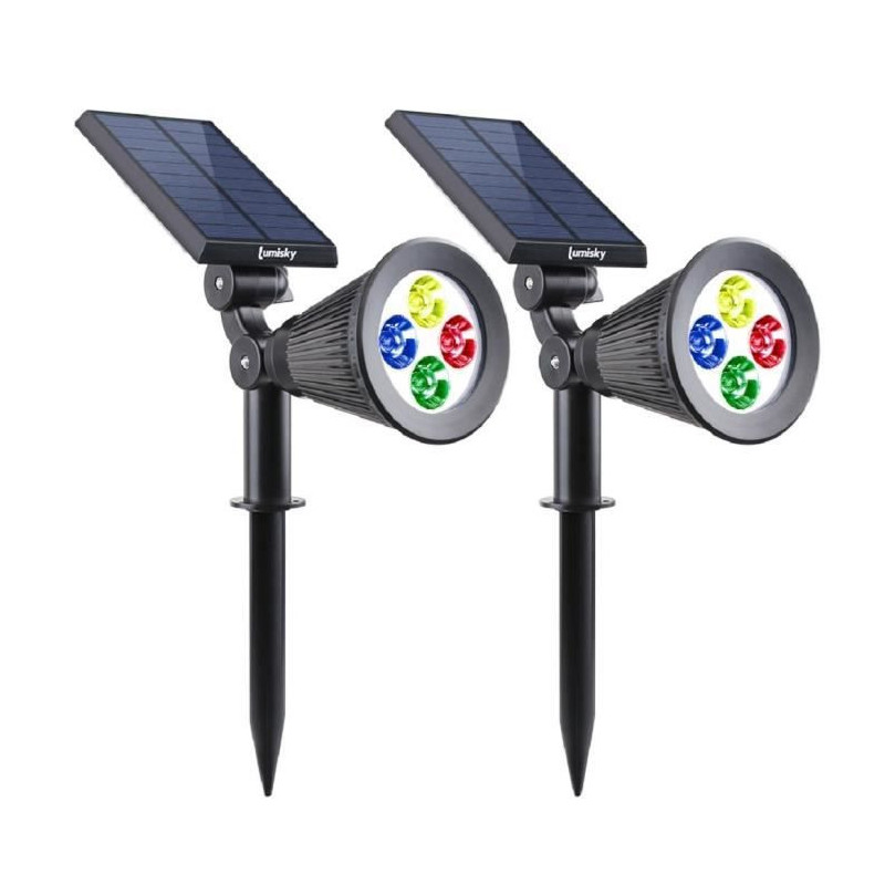 Lumisky Pack de 2 Spots solaires extérieur étanches - 4 LEDs colorées