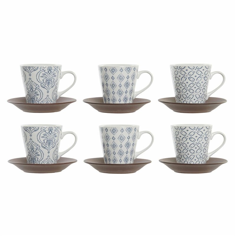 Ensemble de tasses à café DKD Home Decor Bleu Marron Bois d'hévéa Blanc Grès 150 ml