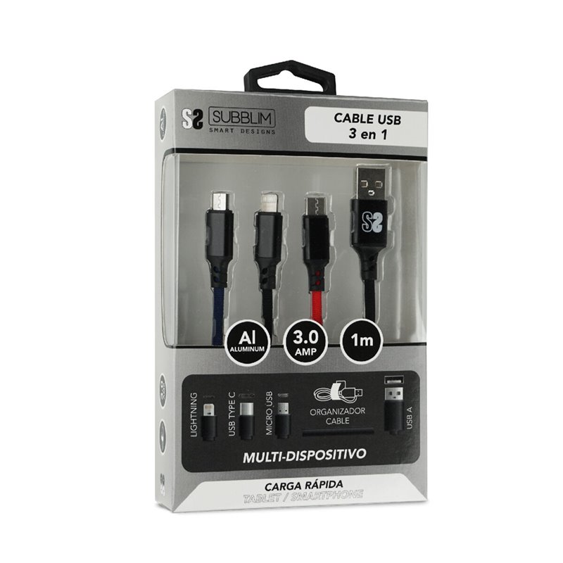 Câble Micro USB Subblim Premium 3in1 Noir 1 m