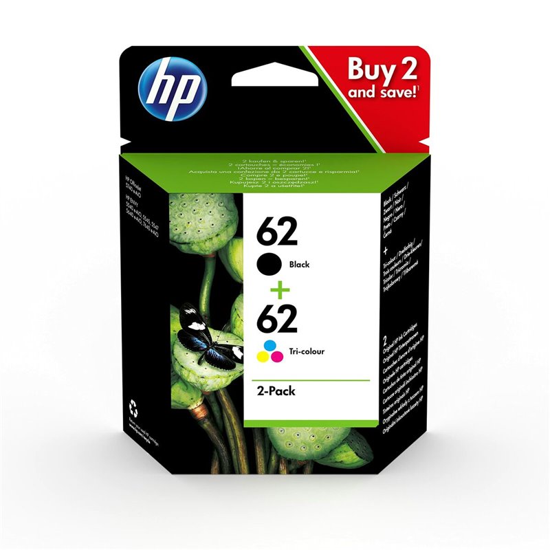 HP 62 pack de 2 cartouches authentiques d'encre noire / trois couleurs