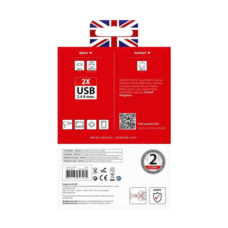 Image secondaire de Adaptateur de courant Skross 1500280 USB x 2 Européen United Kingdom