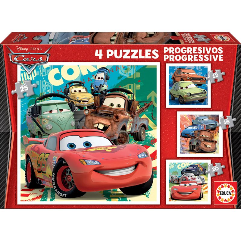 Set de 4 Puzzles Cars Let's race 16 x 16 cm 