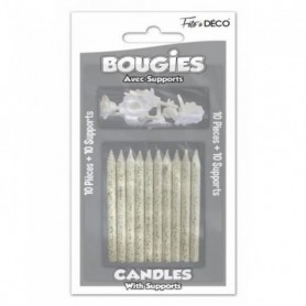 10 BOUGIES PAILLETEES BLANCHES AVEC SUPPORT