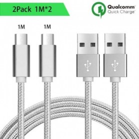Lot de 2 Câbles Micro USB, 1M - Nylon Argenté