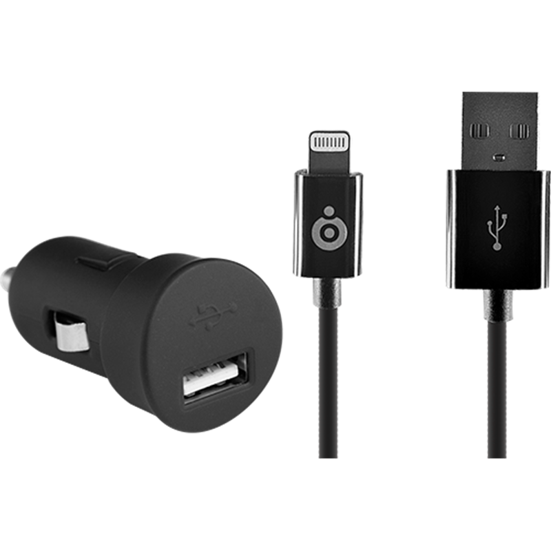 Chargeur voiture USB A 2.4A FastCharge + Câble USB A/Lightning Noir Bi