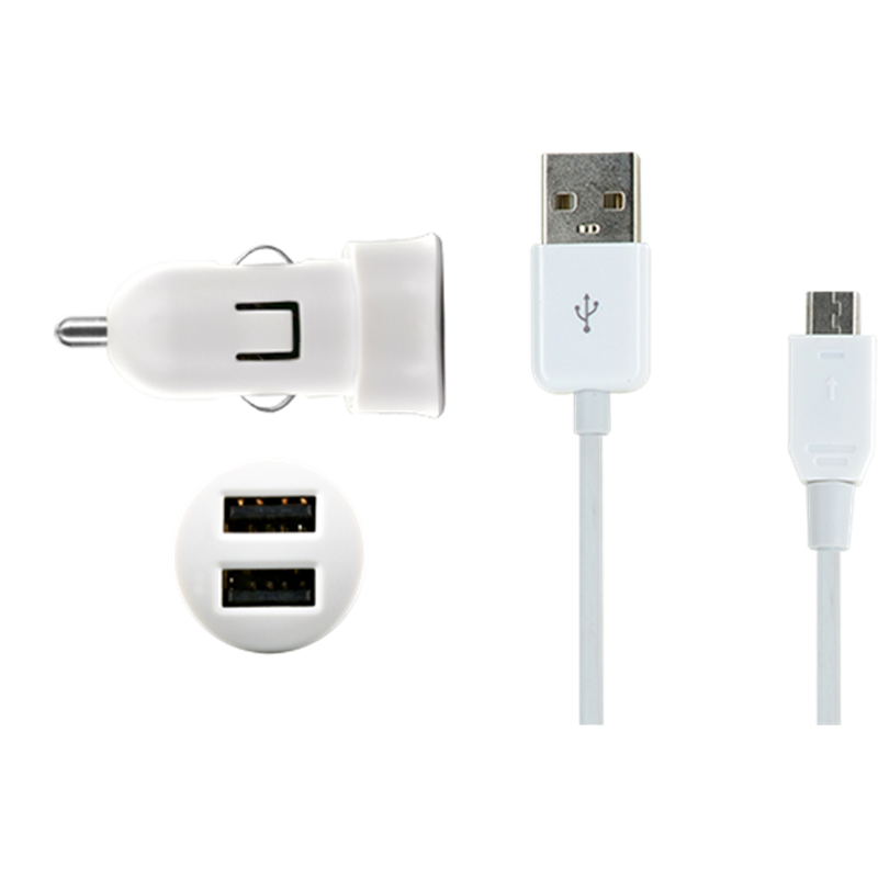 Mini chargeur allume-cigare blanc USB 2A avec câble micro USB