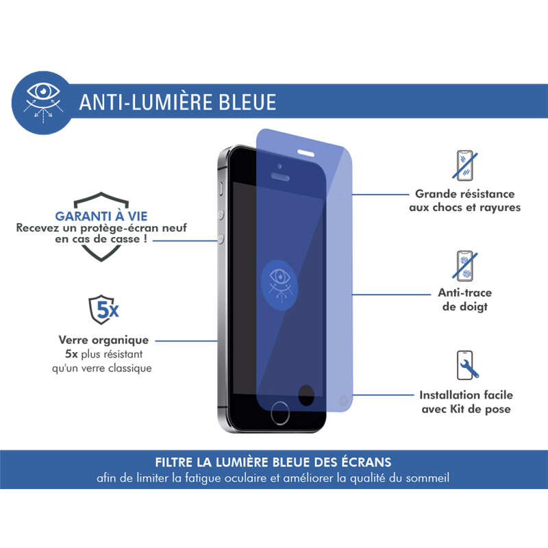 Image secondaire de Protège écran iPhone 5/5S/SE Plat Anti Lumière Bleue - Garanti à vie F