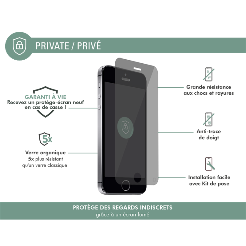 Image secondaire de Protège écran iPhone 5/5S/SE Plat Privé - Garanti à vie Force Glass