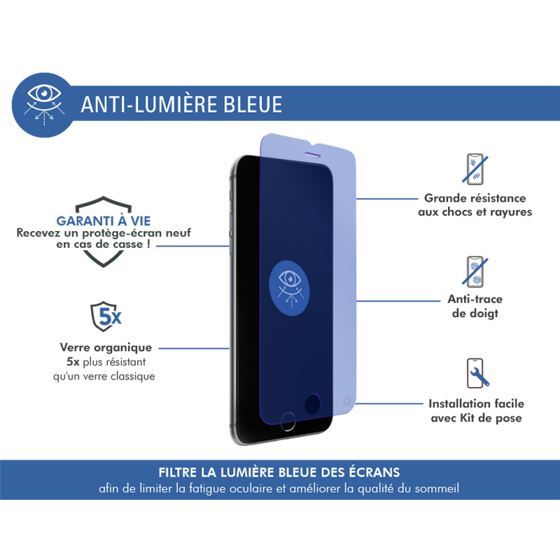 Image secondaire de Protège écran iPhone 6/7/8 Plus Plat Anti Lumière Bleue - Garanti à vi