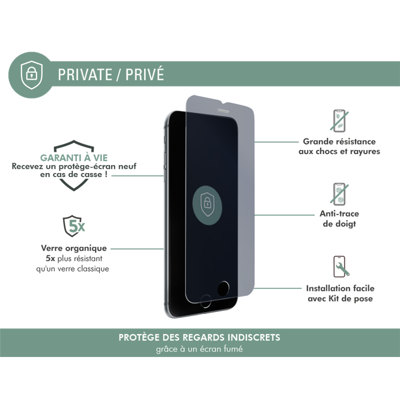 Image secondaire de Protège écran iPhone SE 2022/SE/8/7/6S/6 Plat Privé - Garanti à vie Fo