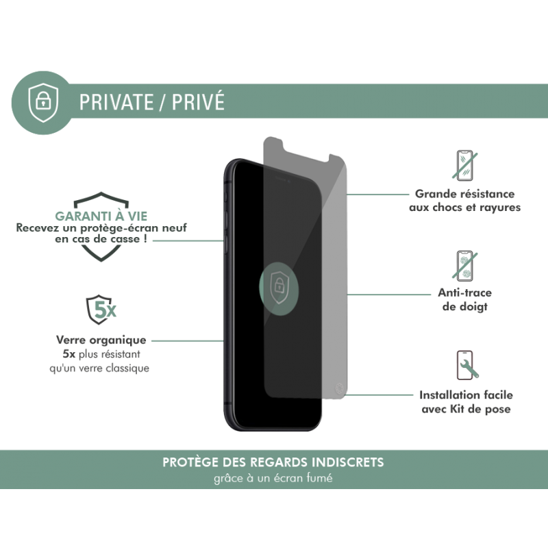 Image secondaire de Protège écran iPhone X / XS / 11 Pro Plat Privé - Garanti à vie Force 