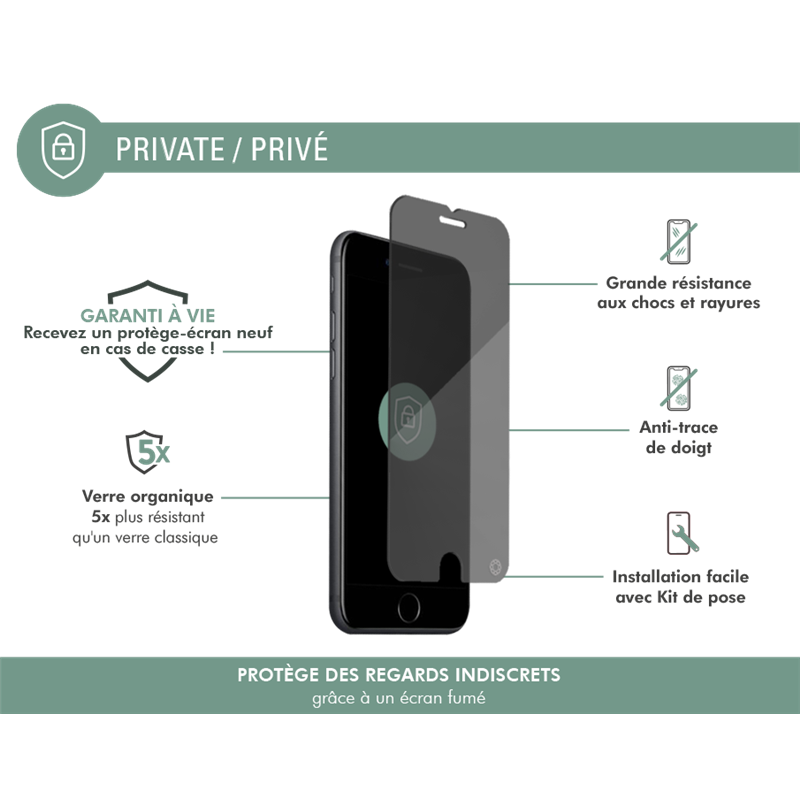 Image secondaire de Protège écran iPhone SE 2020 Plat Privé - Garanti à vie Force Glass