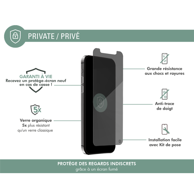 Image secondaire de Protège écran iPhone 12 mini Plat Privé - Garanti à vie Force Glass