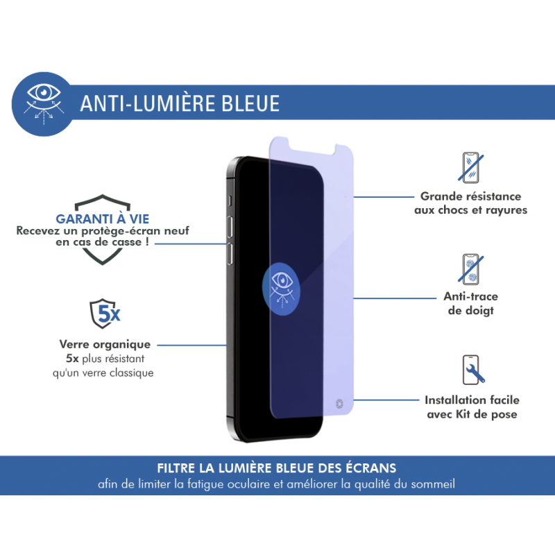 Image secondaire de Protège écran iPhone 12 Pro Max Plat Anti Lumière Bleue - Garanti à vie