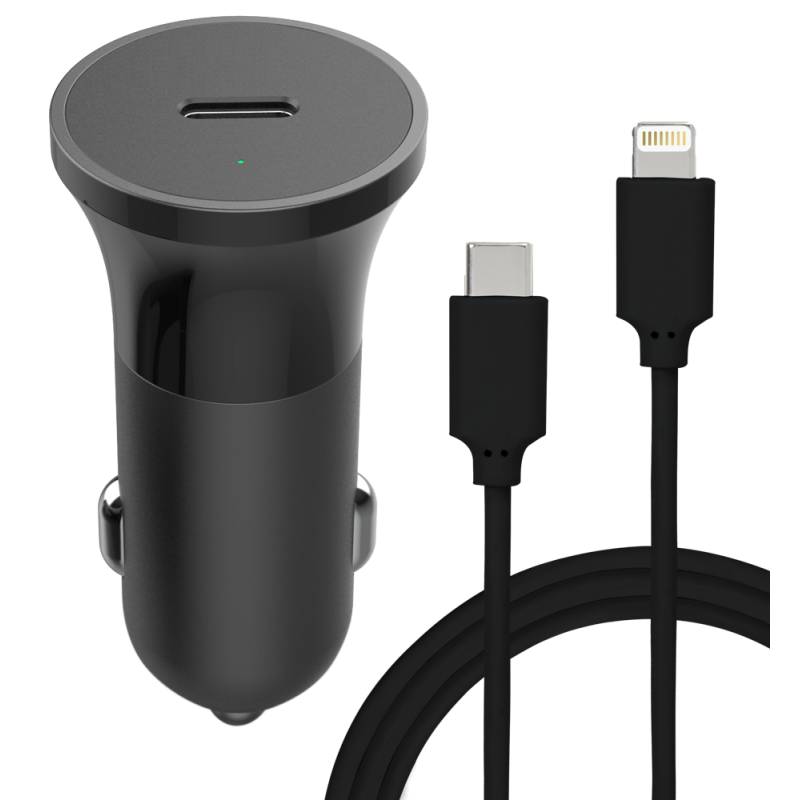 Chargeur voiture USB C 20W Power Delivery + Câble USB C/Lightning Noir