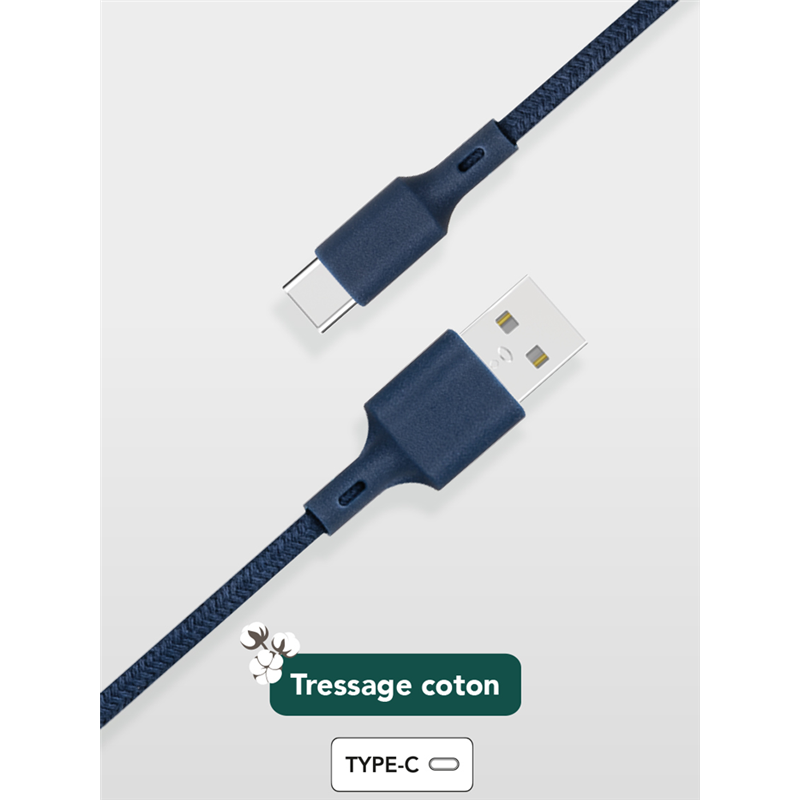 Câble Recyclable en coton USB A/USB C 2m Bleu Just Green