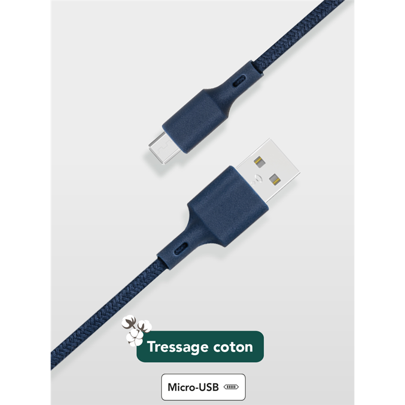 Câble Recyclable en coton USB A/micro USB 2m Bleu Just Green