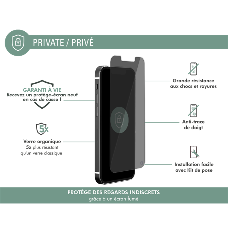 Image secondaire de Protège écran iPhone 13 mini Plat Privé - Garanti à vie Force Glass