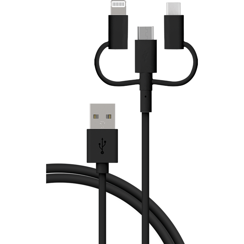 Câble 3 en 1 USB A/micro USB & USB C & Lightning 1,2m Noir Bigben