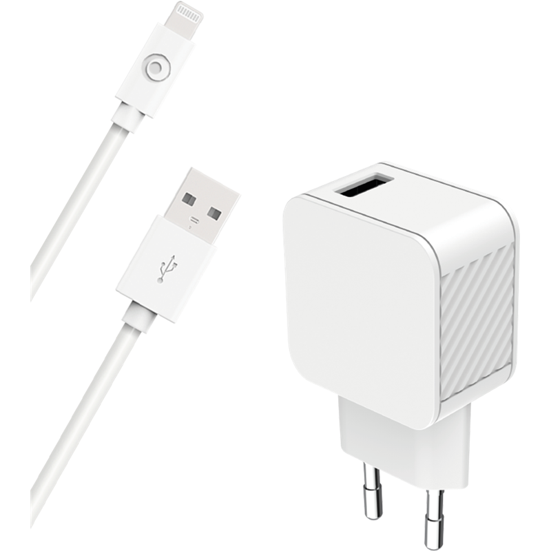 Chargeur maison USB A 2.4A FastCharge + Câble USB A/Lightning Blanc