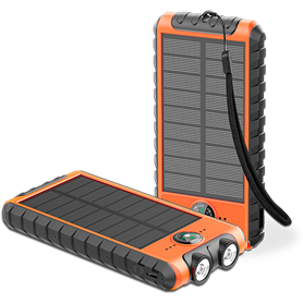 Powerbank Solaire 10000 mAh USB 2A+C Orange/Noir - Equipé d'une lampe 