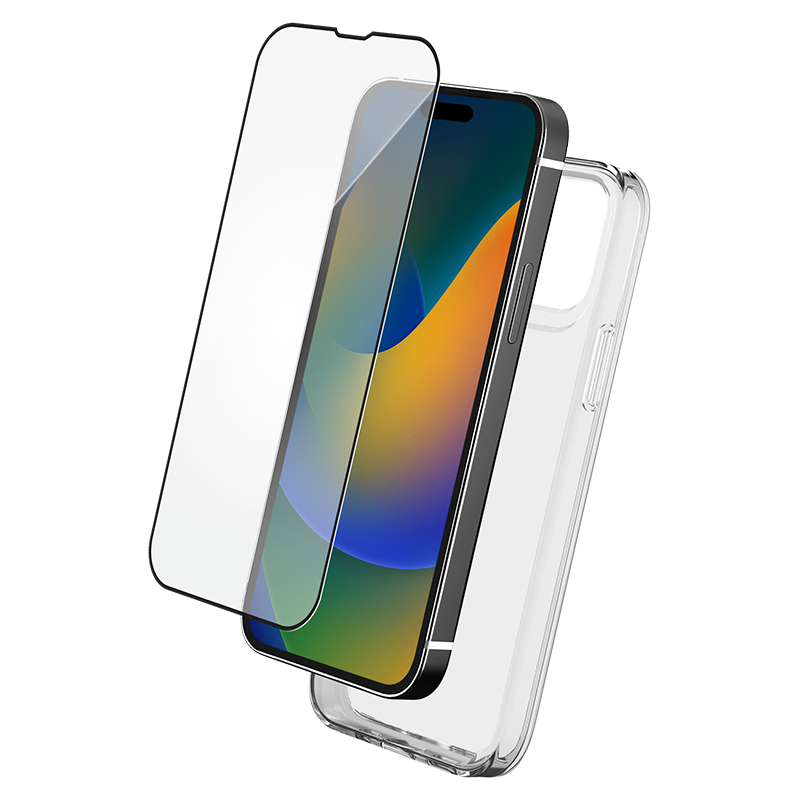 Pack iPhone 15 Pro Accessoires Coque Transparente + Verre trempé + Sma