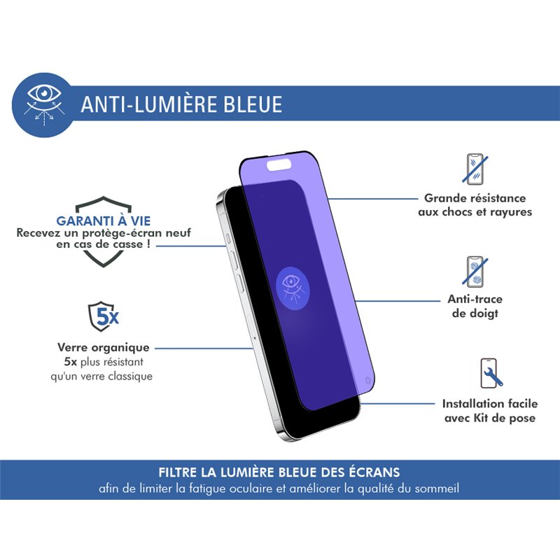 Image secondaire de Protège écran iPhone 15 Pro 2.5D Anti Lumière Bleue - Garanti à vie Fo