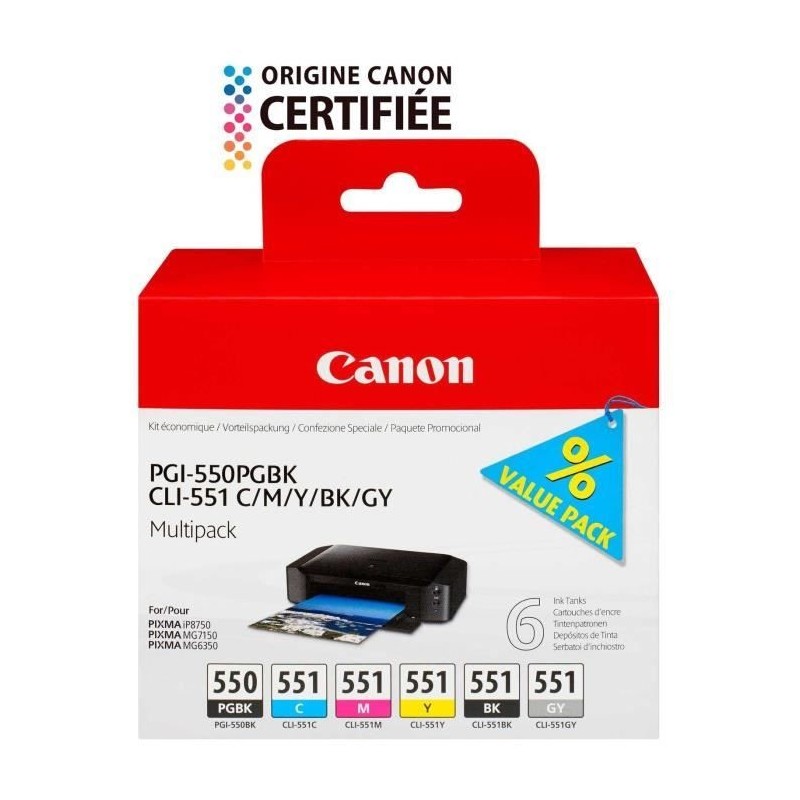 Canon Multipack de 6 cartouches d'encre PGI-550/CLI-551 PGBK/C/M/Y/BK/GY