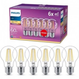 Philips. pack de 6 ampoules E27 LED transparentes 60W. blanc chaud