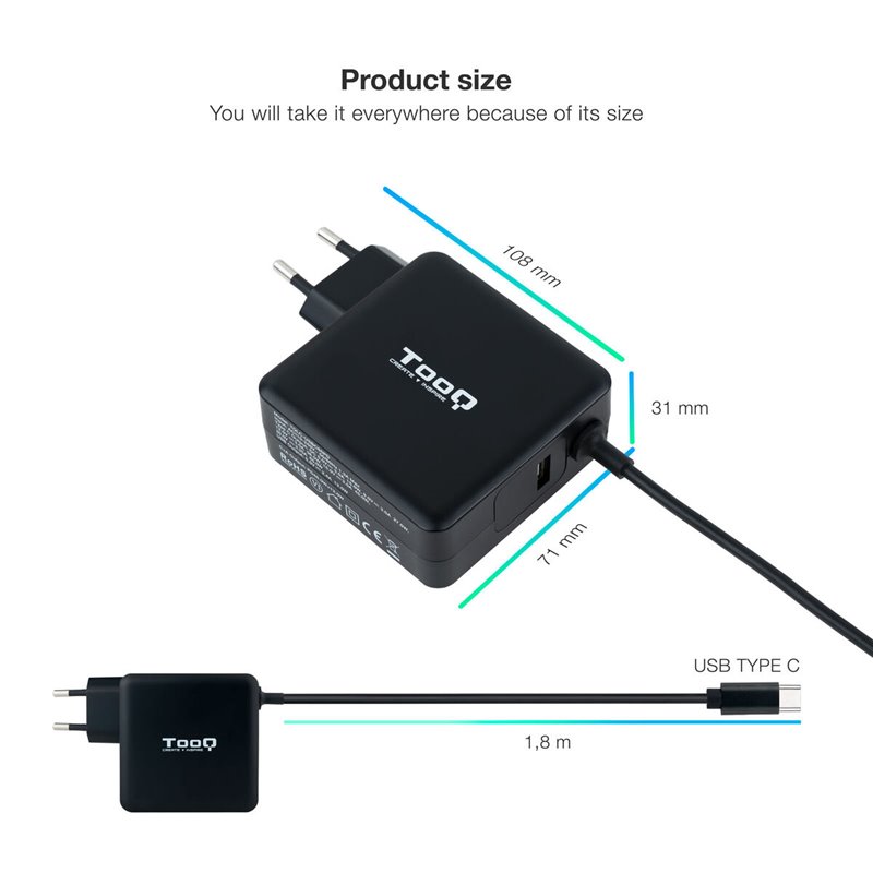 Image secondaire de Tooq TQLC-USBC65PD adaptateur de puissance & onduleur Intérieure 65 W Noir