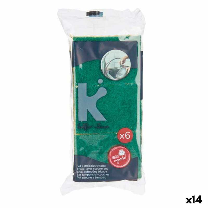 Lot de tampons à récurer Fibre abrasive Jaune Vert Cellulose 9 x 5,5 x 2,5 cm (14 Unités)