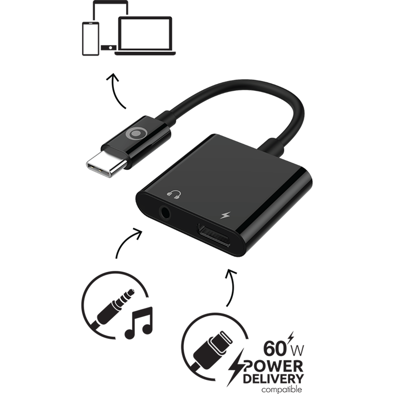 Image secondaire de Adaptateur Audio Jack 3.5mm + Charge USB C vers USB C 60W 12cm Noir Bigben