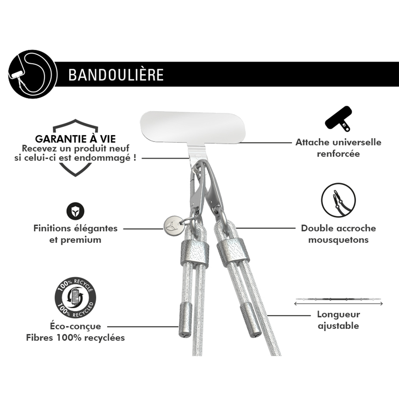 Image secondaire de Bandoulière téléphone Universelle Cordon Paillette Argent - Garantie à vie Force Case