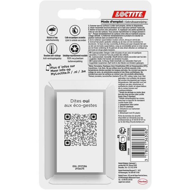 Image secondaire de Colles Cyanoacrylates - LOCTITE - SUPERGLUE-3 - Repositionable - Gel 3g - Lot de 2 Blister - Carton 12uc