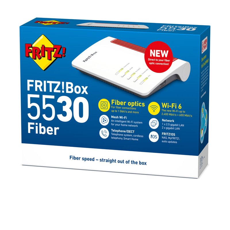 Fritz!Box 5530 Fiber Edition Internation routeur sans fil 2.5 Gigabit Ethernet Bi-bande (2,4 GHz / 5 GHz) Blanc