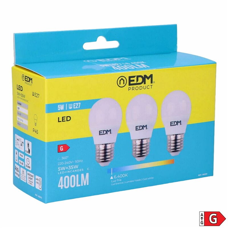 Image secondaire de Lot de 3 ampoules LED EDM G 5 W E27 400 lm Ø 4,5 x 8 cm (6400 K)