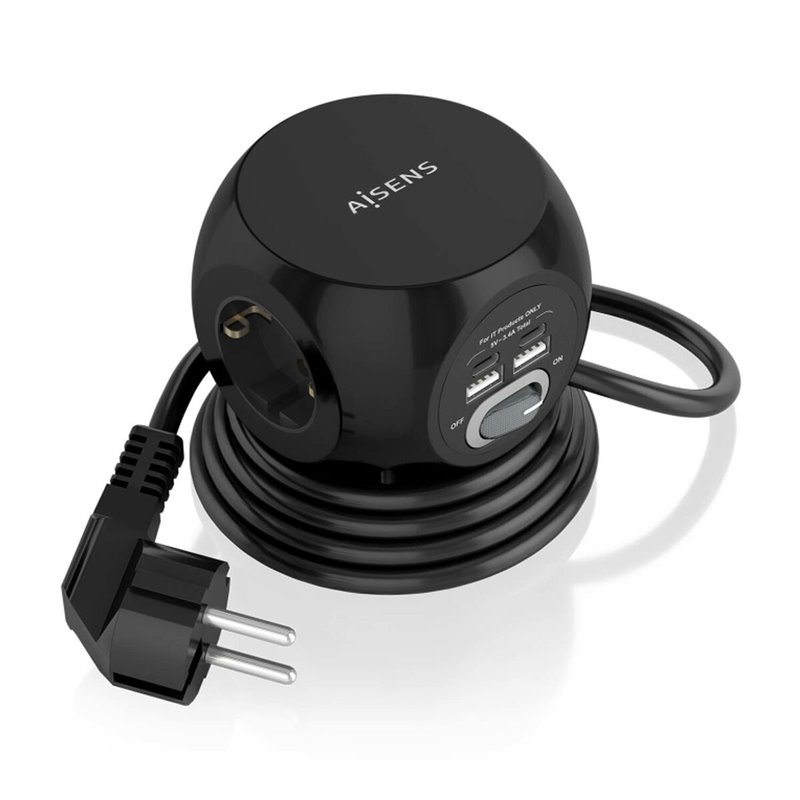 Aisens ASPS-2A2C05-BK multiprise 1,4 m 3 sortie(s) CA Intérieure Noir
