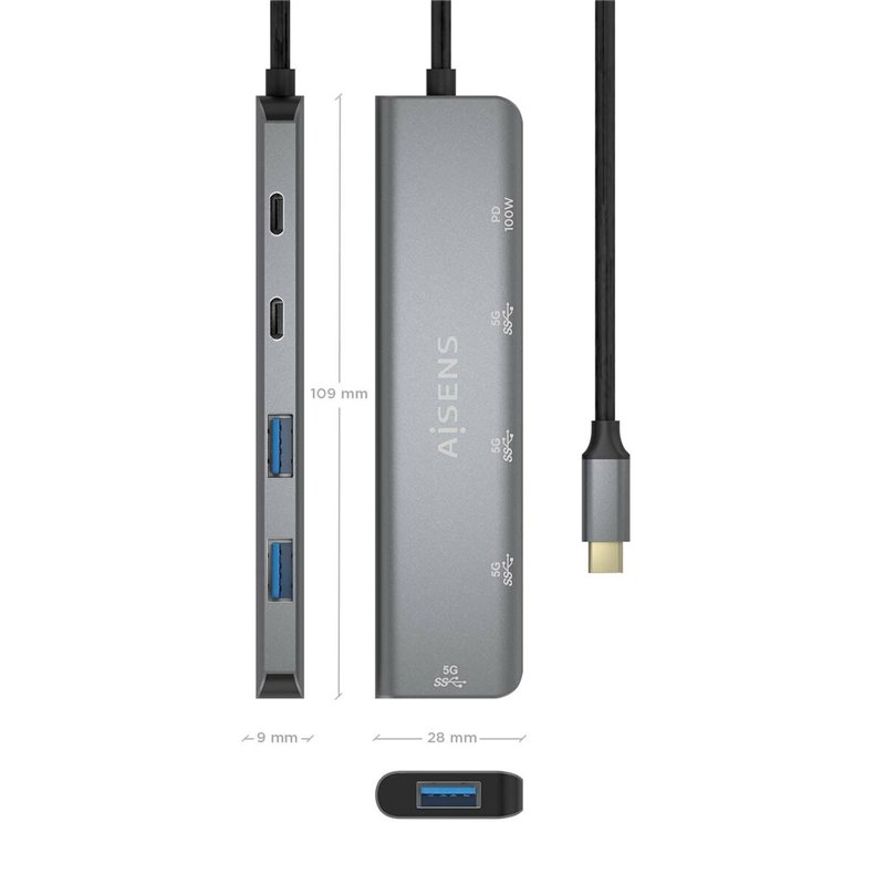 Aisens A109-0857 hub & concentrateur USB 3.2 Gen 1 (3.1 Gen 1) Type-C 5 Mbit/s Gris
