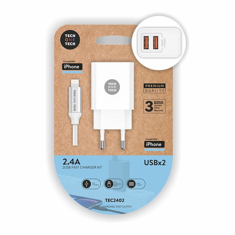 Chargeur Mural + Câble Lightning MFI Tech One Tech TEC2402 Double Lightning