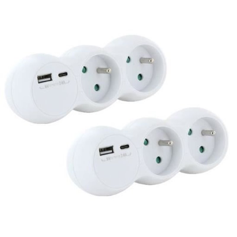 Lot 2 domino Chacon - 47002 - 2x16A avec USB-A +USB-C - Blanc (FR)