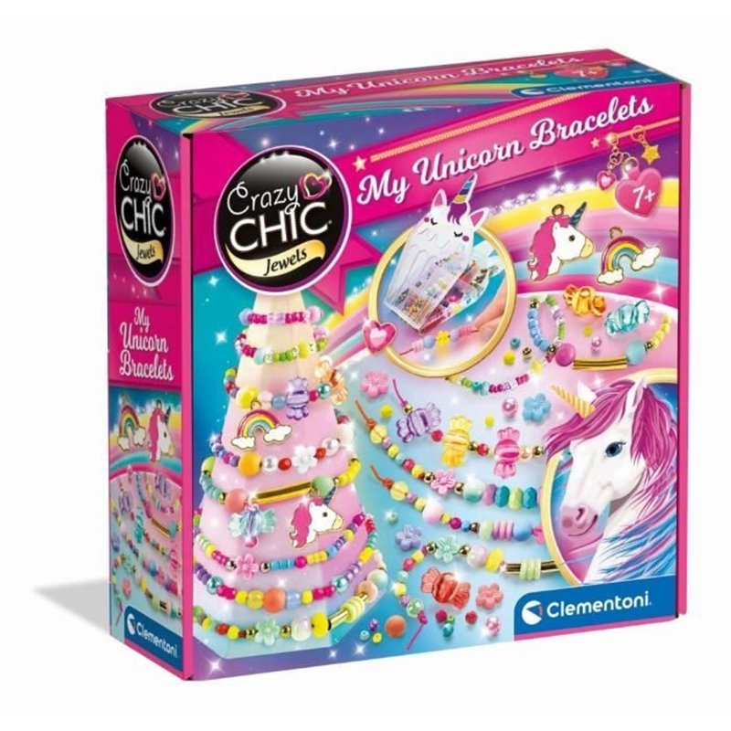 Clementoni - Crazy Chic - Coffret créatif Licorne - Créer tes bracelets en perles colorés avec charms et pompoms - Dés 7