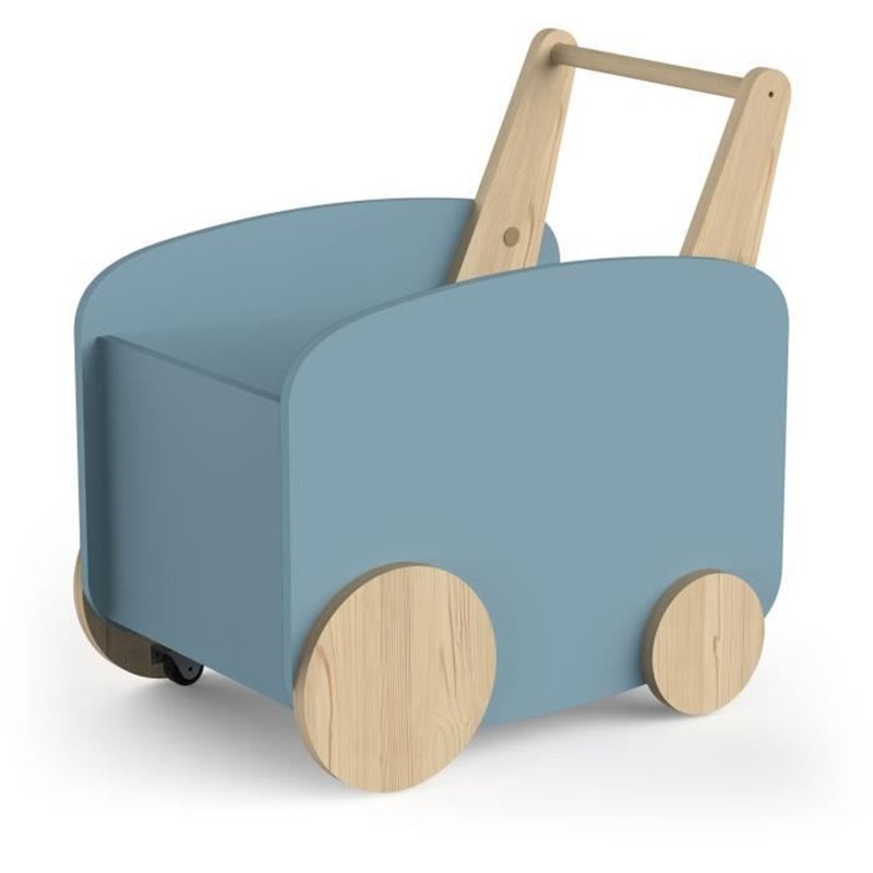 Chariot de rangement a roulettes - FIRMIANA - Style scandinave - Bleu orage et bois naturel - 49,8 x 35 x 52,5 cm - DEME