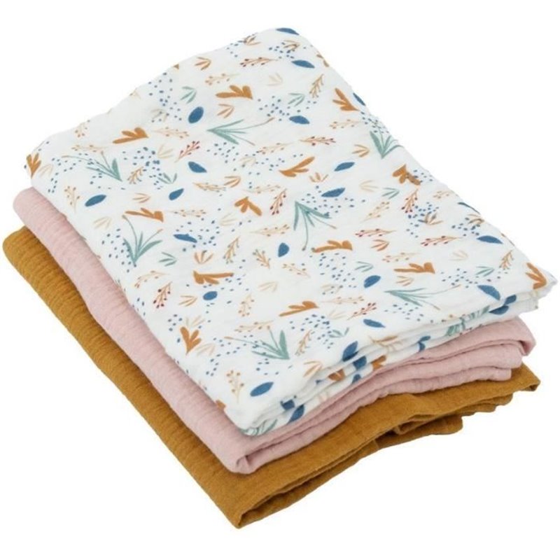 Lot de 3 langes Bambou - Domiva - 1 Imprimé + 2 Uni - Rose caramel - 60x60 cm