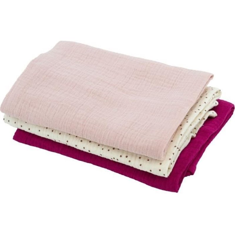 Lot de 3 langes Bambou - Domiva - 1 Imprimé + 2 Uni - Rose grenadine - 60x60 cm