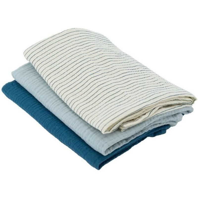 Lot de 3 langes Bambou - Domiva - 1 Imprimé + 2 Uni - Bleu indigo - 60x60 cm