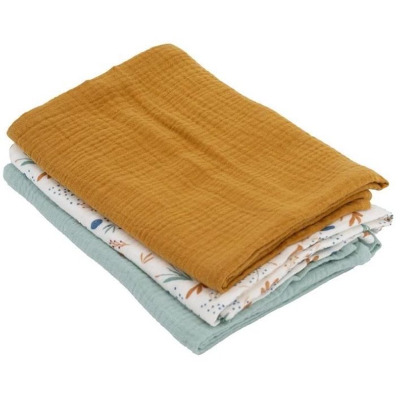 Lot de 3 langes Bambou - Domiva - 1 Imprimé + 2 Uni - Vert caramel - 60x60 cm