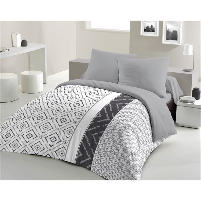 Image secondaire de Parure de couette microfibre ETHNO - 1 housse de couette 220 x 240 cm + 2 taies d'oreiller 63 x 63 cm - Gris