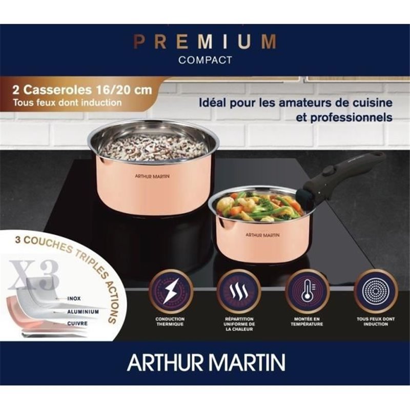 Image secondaire de 2 casseroles 16-20 cm + 1 poignée - ARTHUR MARTIN - AM720GT - 3 couches triple action - Tous feux dont induction