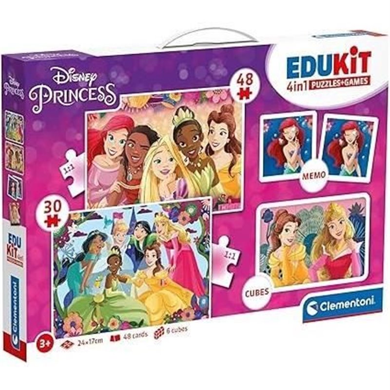 Clementoni - Edukit - Disney Princesses - Coffret apprentissage 4 en 1 - 2 puzzles, 1 mémo, 1 jeu de 6 cubes - Fabriqué 